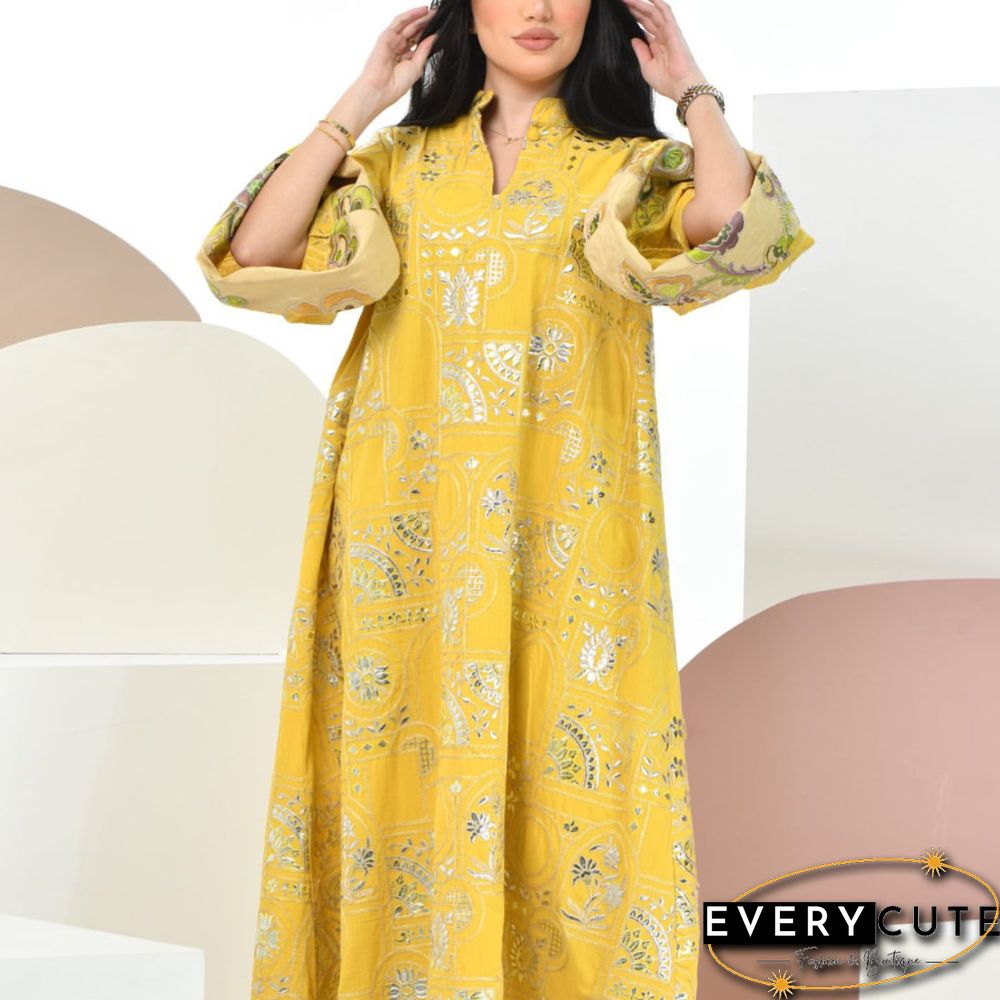 Yellow Loose V-Necked Ramadan Dress