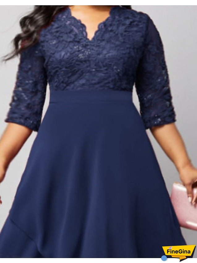 Plus Size Holiday Dress Solid Color V Neck Layered 3/4 Length Sleeve Spring Fall Formal Midi Dress Party Date Dress for Women