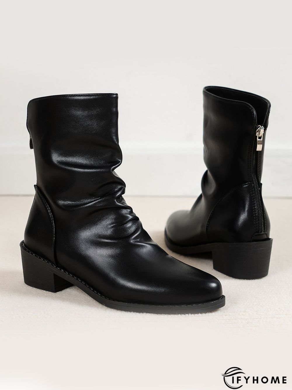 Ruched Zipper Pointed Toe Chunky Heel Boots | IFYHOME