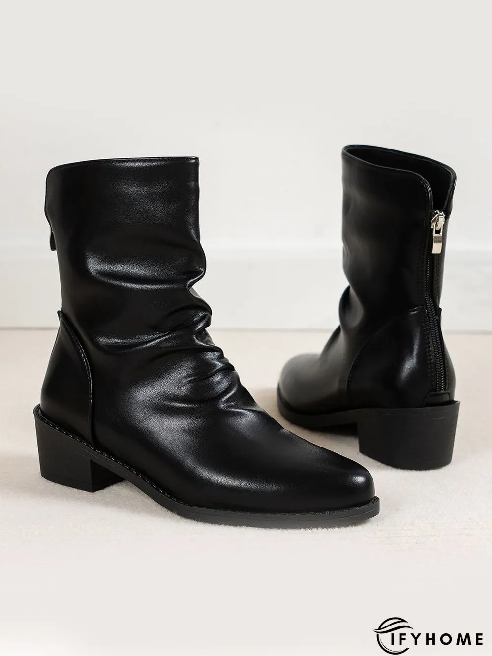 Ruched Zipper Pointed Toe Chunky Heel Boots | IFYHOME