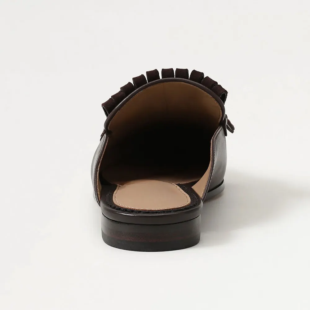 Chic Brown Round Toe Fringe Slip On Snaffle Buckle Flat Mules