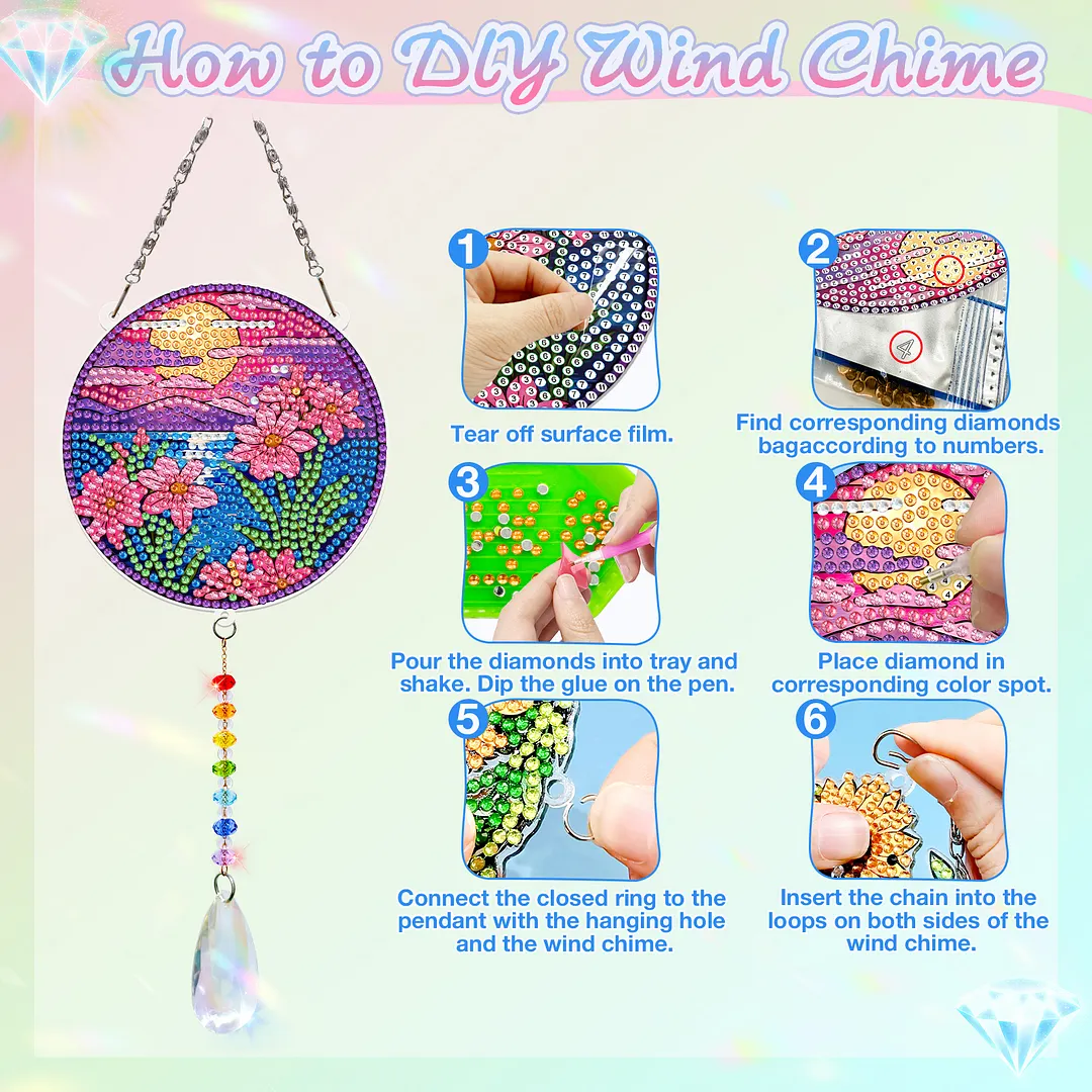2Pcs Sunset Butterfly DIY Acrylic Diamond Painting Art Wind Chimes with Crystal Pendant Diamond Art Hanging Pendant Double-Sided for Adults Beginners Gift Home Garden Decor