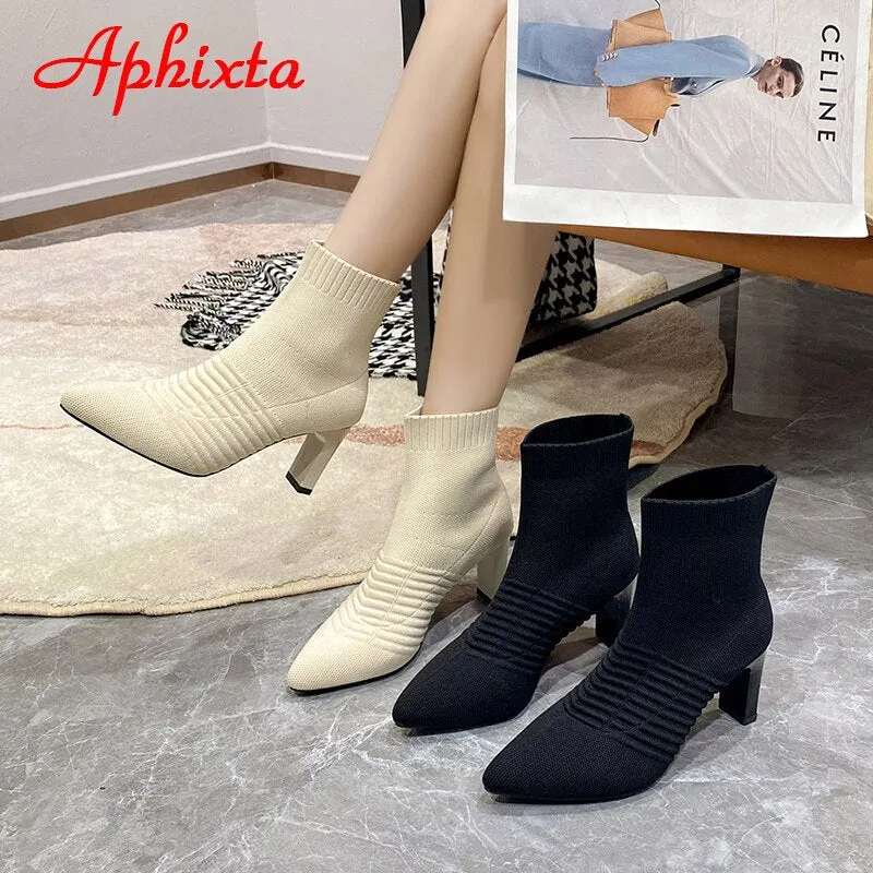 Aphixta 2022 New Beige 7cm Metal Blade Heels Stretch Fabric Ankle Socks Boots Women Elastic Stilettos Heel Pointed Toe Shoes