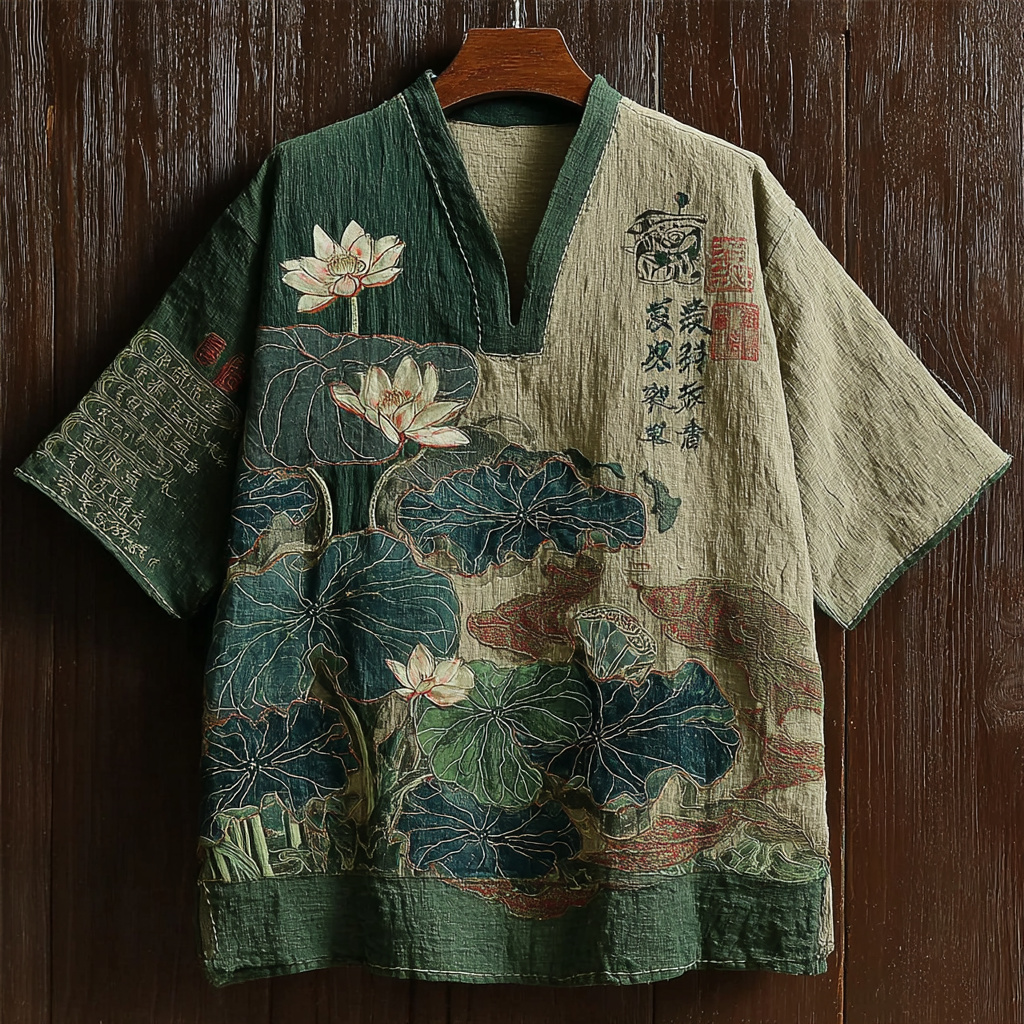 Men's Vintage Japanese Lotus Embroidery Casual V Neck Shirt