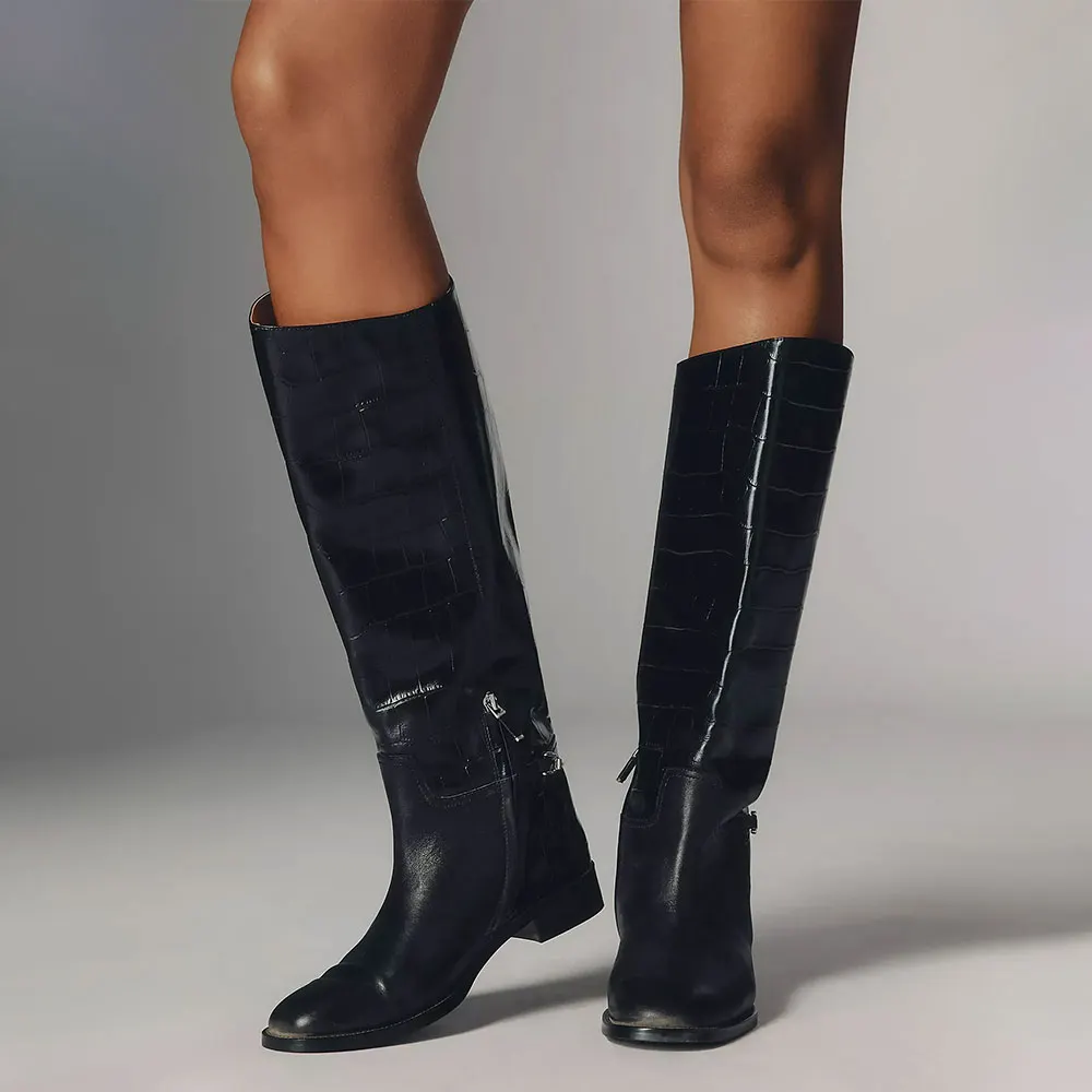 Black Round Toe Flat Croc Embossed Zipper Bit Riding Boots for Women