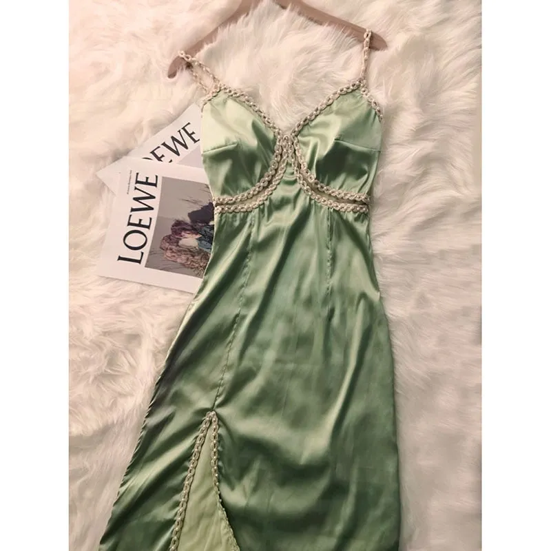 Ordifree 2022 Summer Women Green Satin Dress Vintage Beading Silk Sexy Slit Party Midi Dress