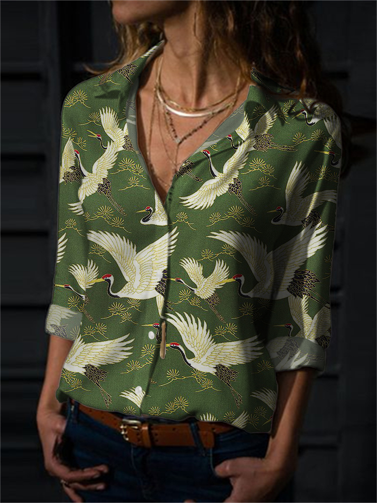 Cranes & Pine Trees Japanese Traditional Pattern Flowy Blouse artswardrobe