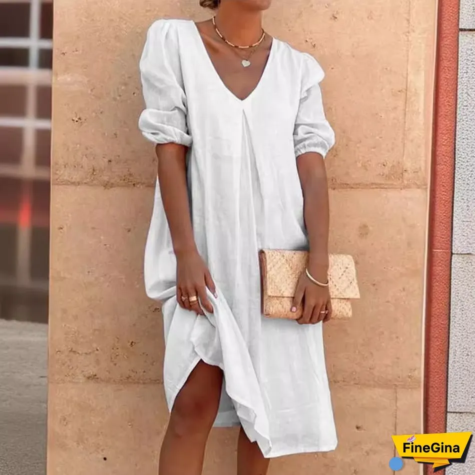 XIEYINSHE Europe and America Cross Border Wish Cotton Linen Solid Color Fashion Medium Long Sleeve Long Casual Mid-Length Dress