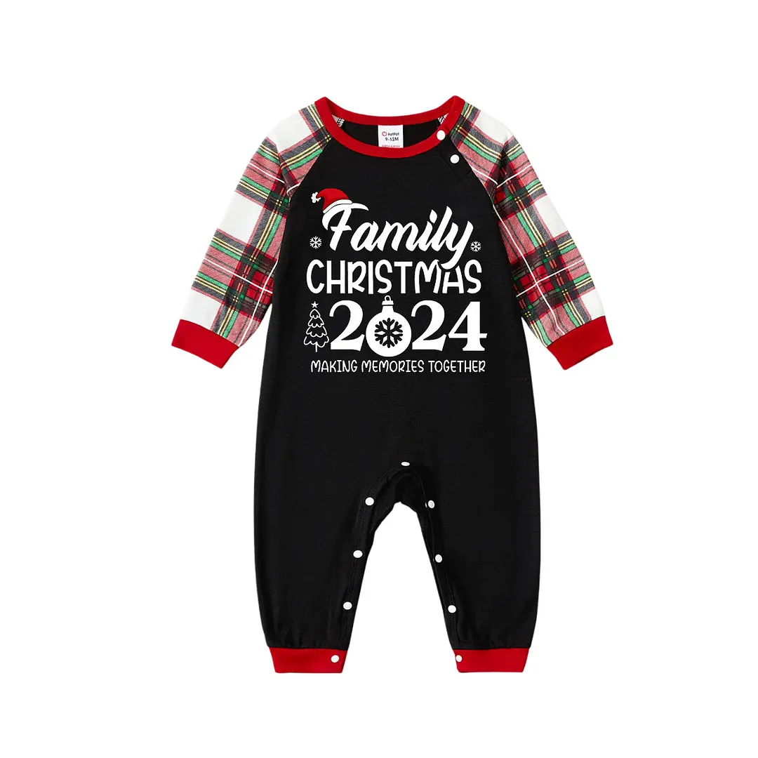 "Family Christmas 2024 Making Memories Together" Text and Santa Hat Printed Red and White Plaid Matching Pajamas