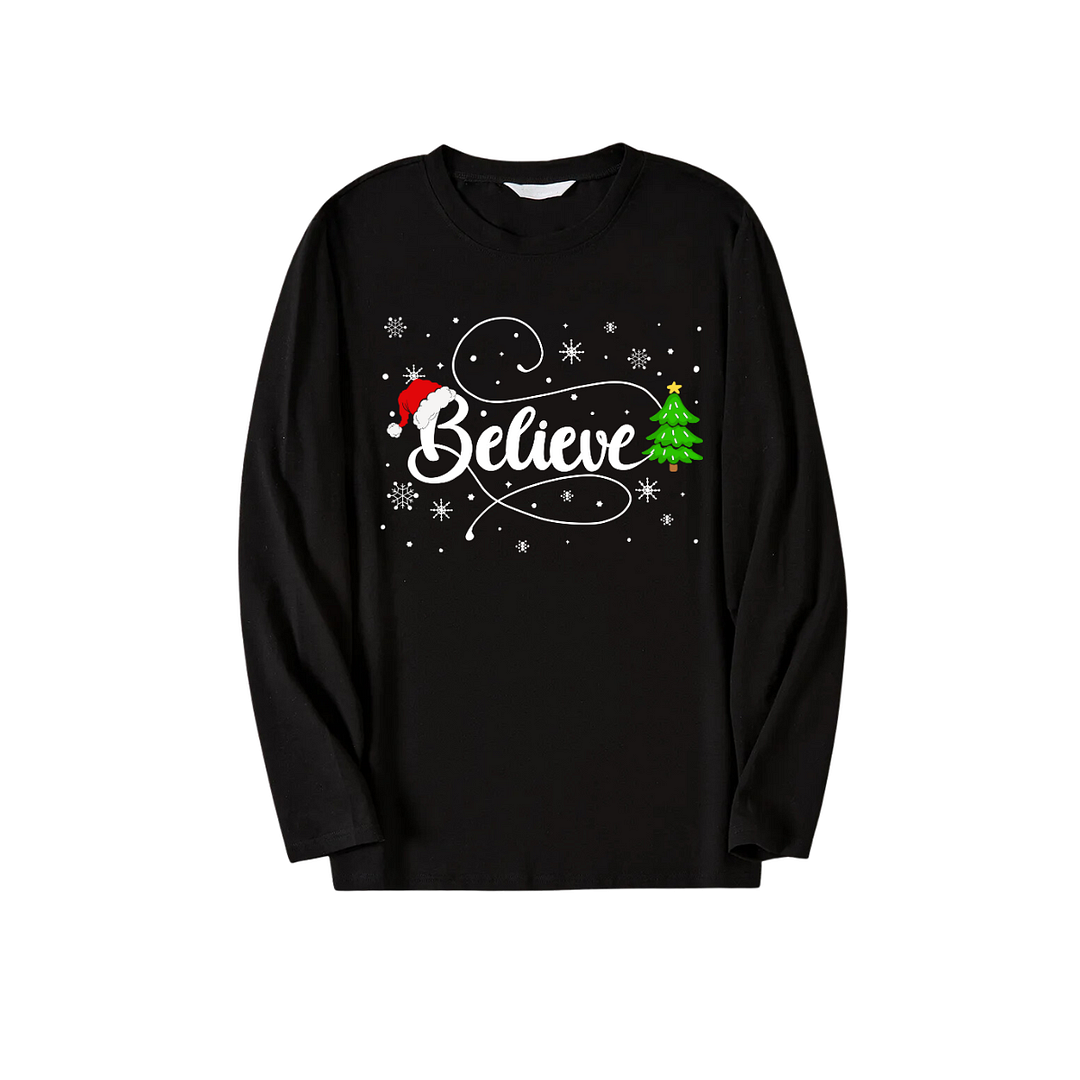 Christmas "Believe" Text and Tree Print Black Long Sleeve Top with Green and Black Plaid Family Matching Pajamas