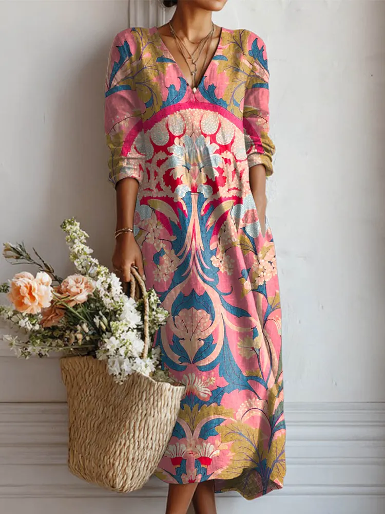 Women's Vintage Floral Art Print Causal Cotton Linen Pocket Dress