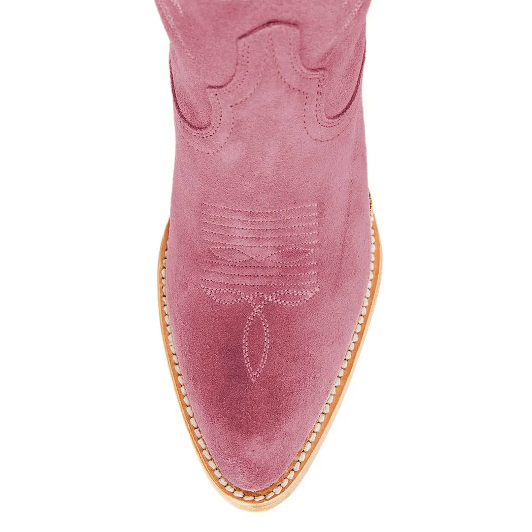 Pink Embroidered Pointed Toe Mid Calf Cowboy Boots for Women