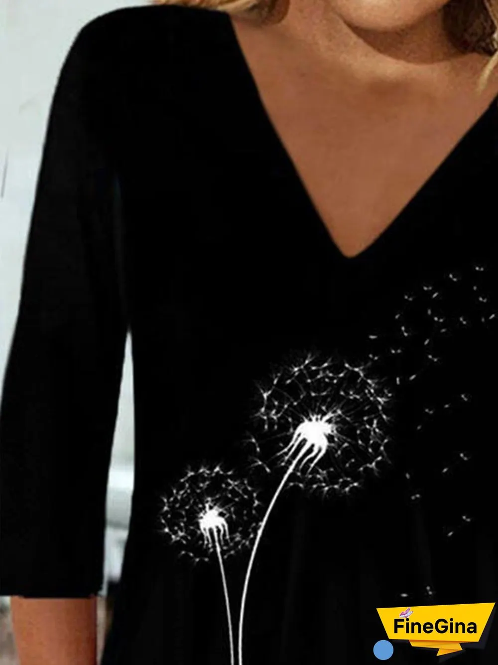 Vintage Dandelion Printed V-Neck 3/4 Sleeves Plus Size Casual T-shirts