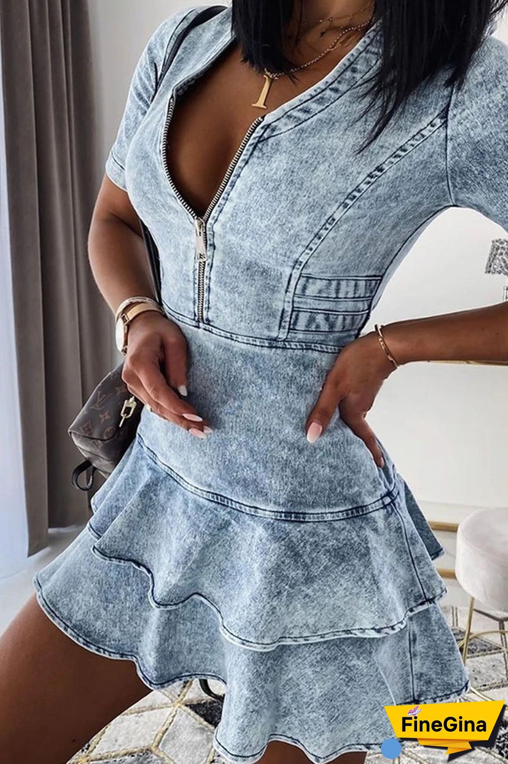 Denim V-Neck Short Sleeve Tired Dress