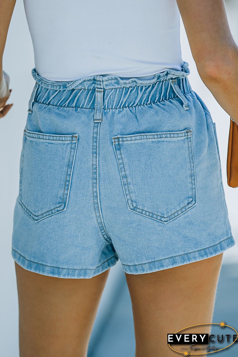 Sky Blue Paperbag Waist Washed Denim Shorts