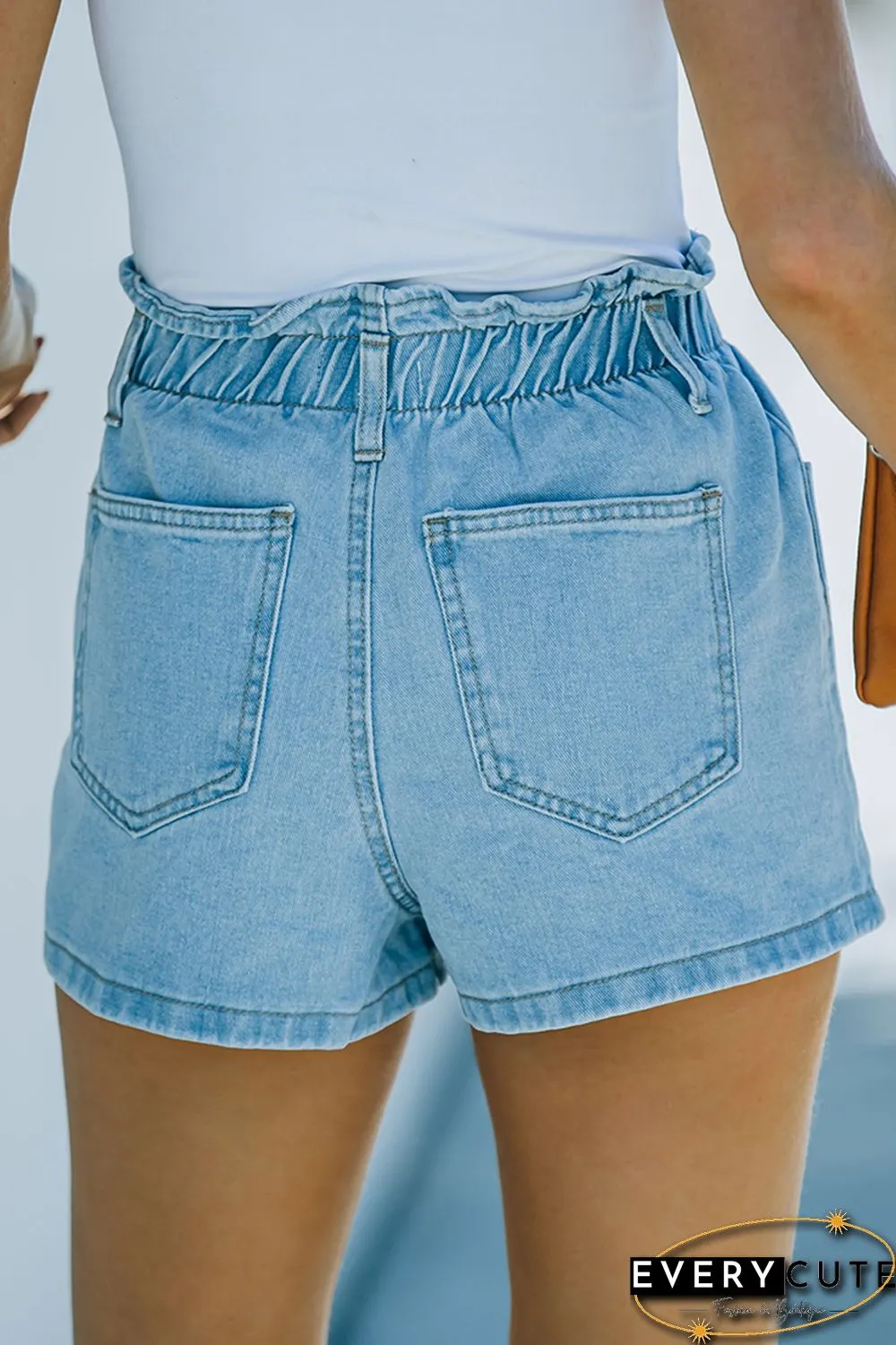 Sky Blue Paperbag Waist Washed Denim Shorts