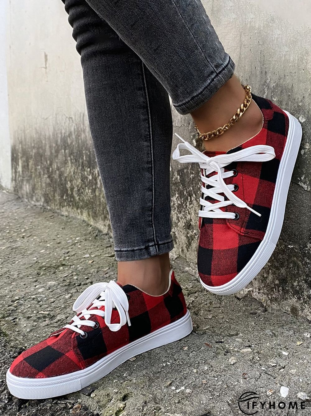 Christmas Red Plaid Black And White Plaid Leopard Casual Flat Shoes | IFYHOME