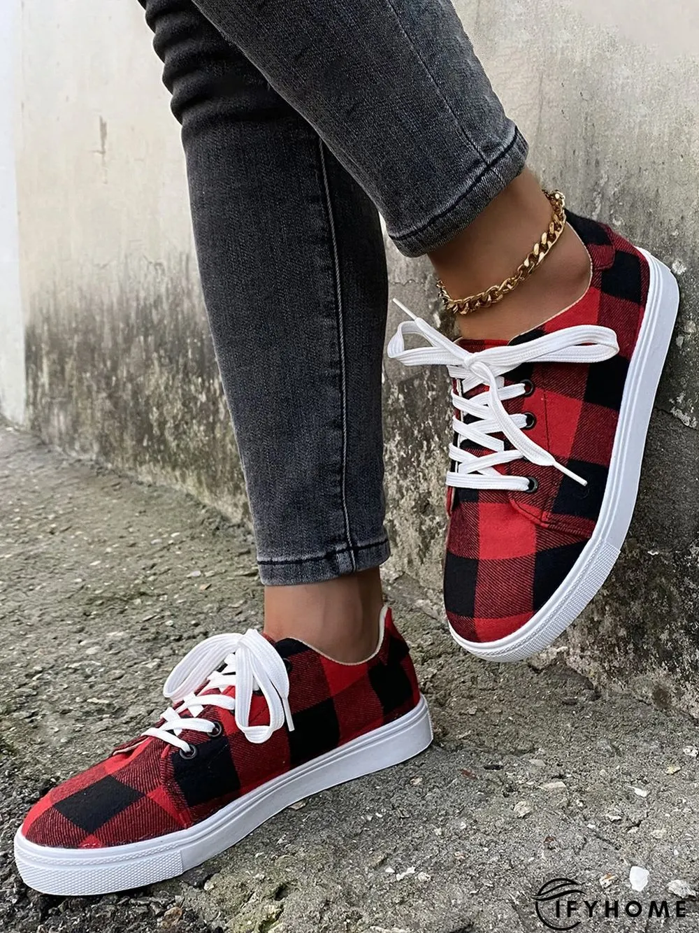 Christmas Red Plaid Black And White Plaid Leopard Casual Flat Shoes | IFYHOME