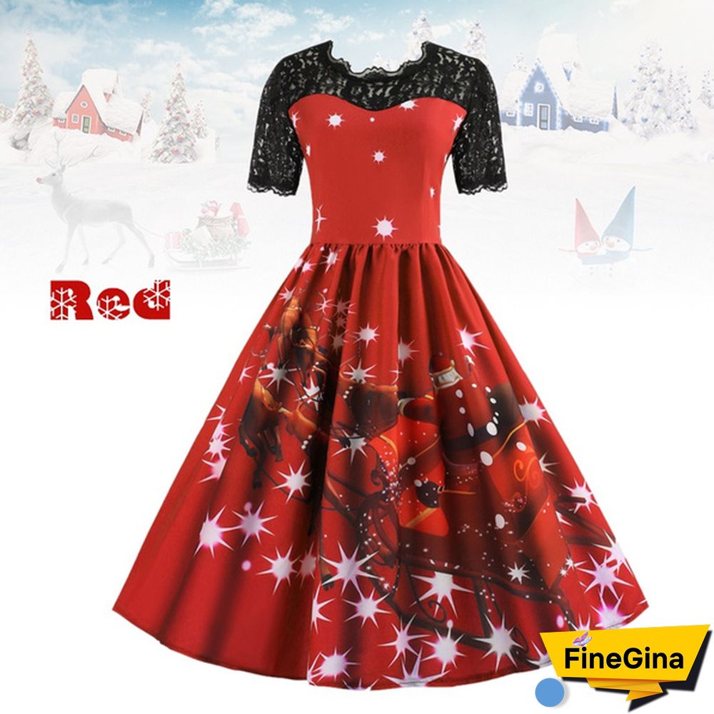 Plus Size Fashion Women Pumpkin Snowflake Print Dress Short Sleeve Lace Dress Christmas Halloween Costume Knee Length Party Dresses