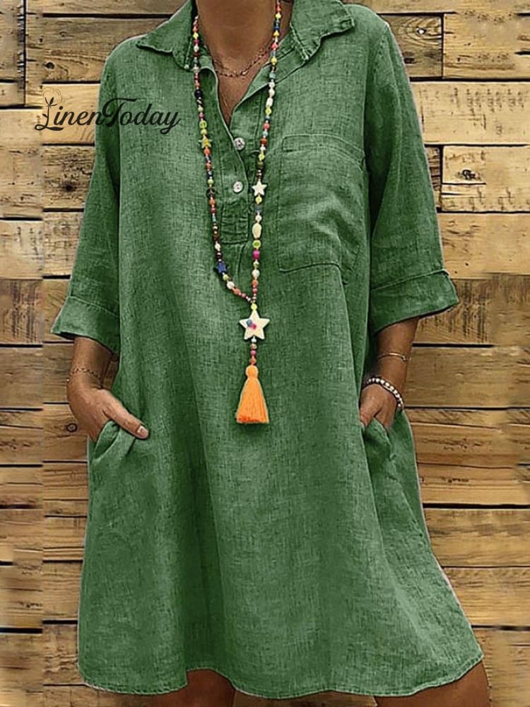 Ladies Plus Size 3/4 Sleeve Shirt Collar Casual Dress Dark Green / S
