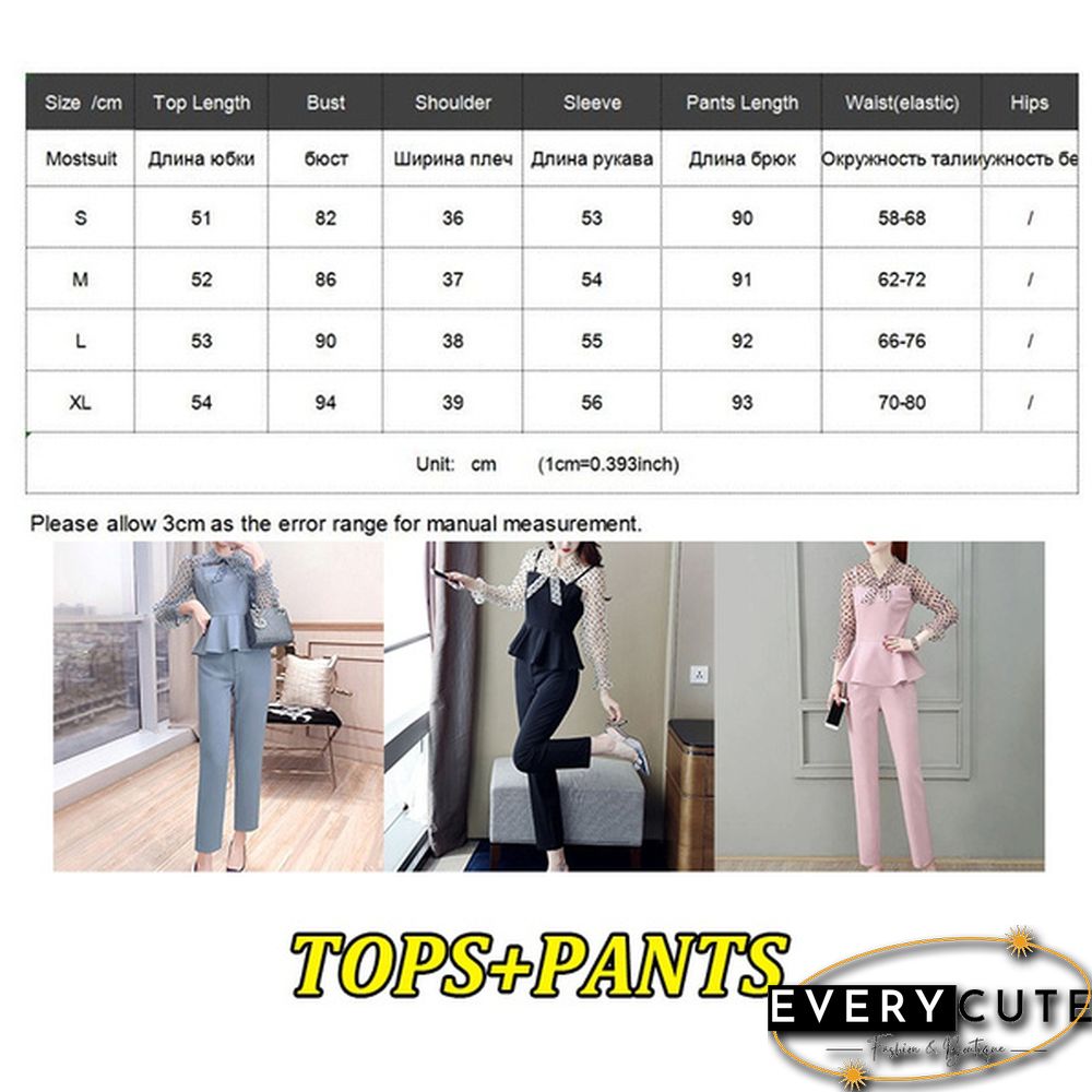 Office Fashion Two Piece Pants Sets Outfits Women Bow Dot Print Patchwork Tunics Tops + Pants Suits Korean Workwear Sets