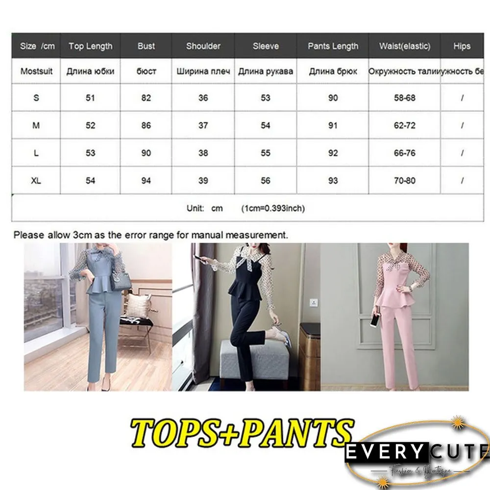 Office Fashion Two Piece Pants Sets Outfits Women Bow Dot Print Patchwork Tunics Tops + Pants Suits Korean Workwear Sets