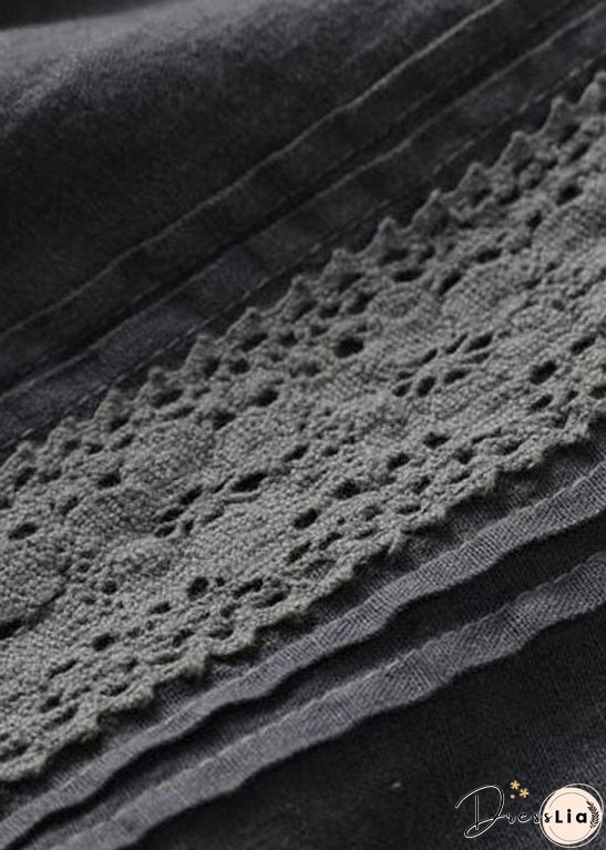 Vintage Black Wrinkled Embroideried Patchwork Linen Dress Summer