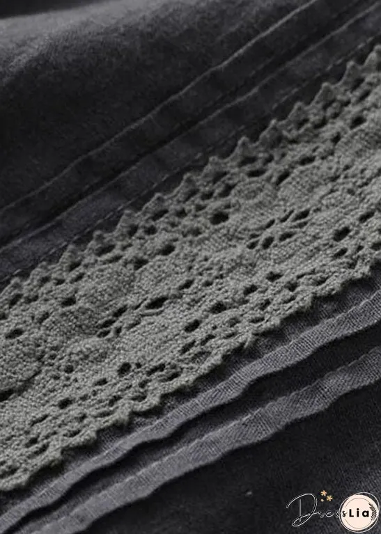 Vintage Black Wrinkled Embroideried Patchwork Linen Dress Summer