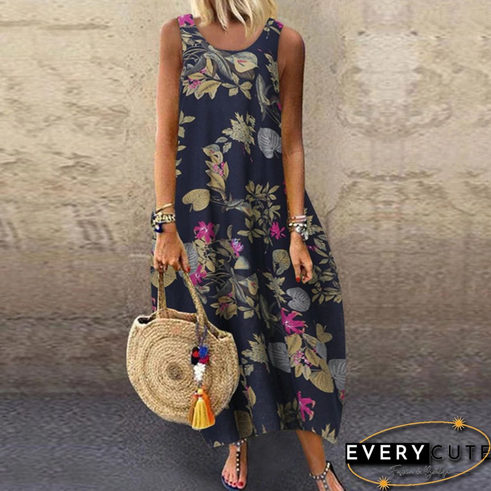 Women Summer Sleeveless Plus Size Floral Printed Long Tank Dress Sundress Beach Dresses