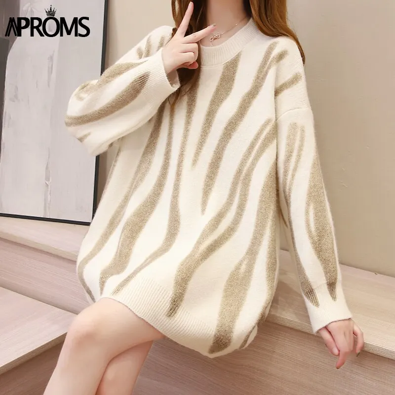 Aproms Korean Fashion Khaki Stripes Print Loose Sweaters Women Winter Hip-Pop Oversized Long Pullovers Streetwear Outerwear 2021