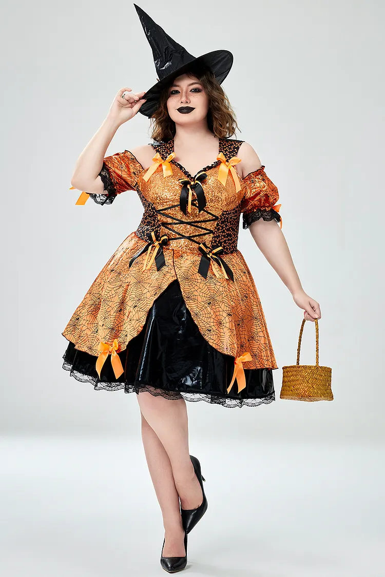 Xpluswear Design Plus Size Halloween Costume Orange Witch Cold Shoulder Mini Dress (With Hat)（Ships 24h） 2024 - Xpluswear