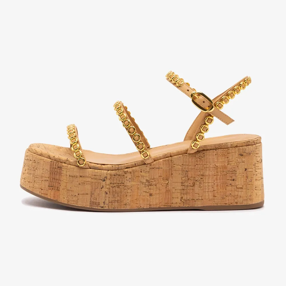 YDN Tan Open Round Toe Gold Accent Ankle Strap Wedge Sandals