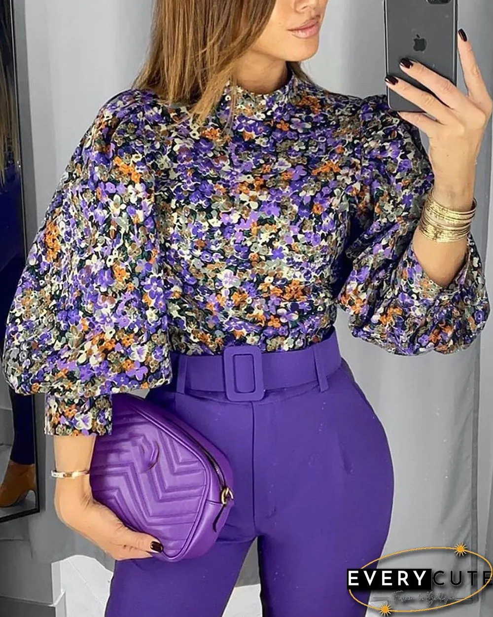 Floral Print Lantern Sleeve Top