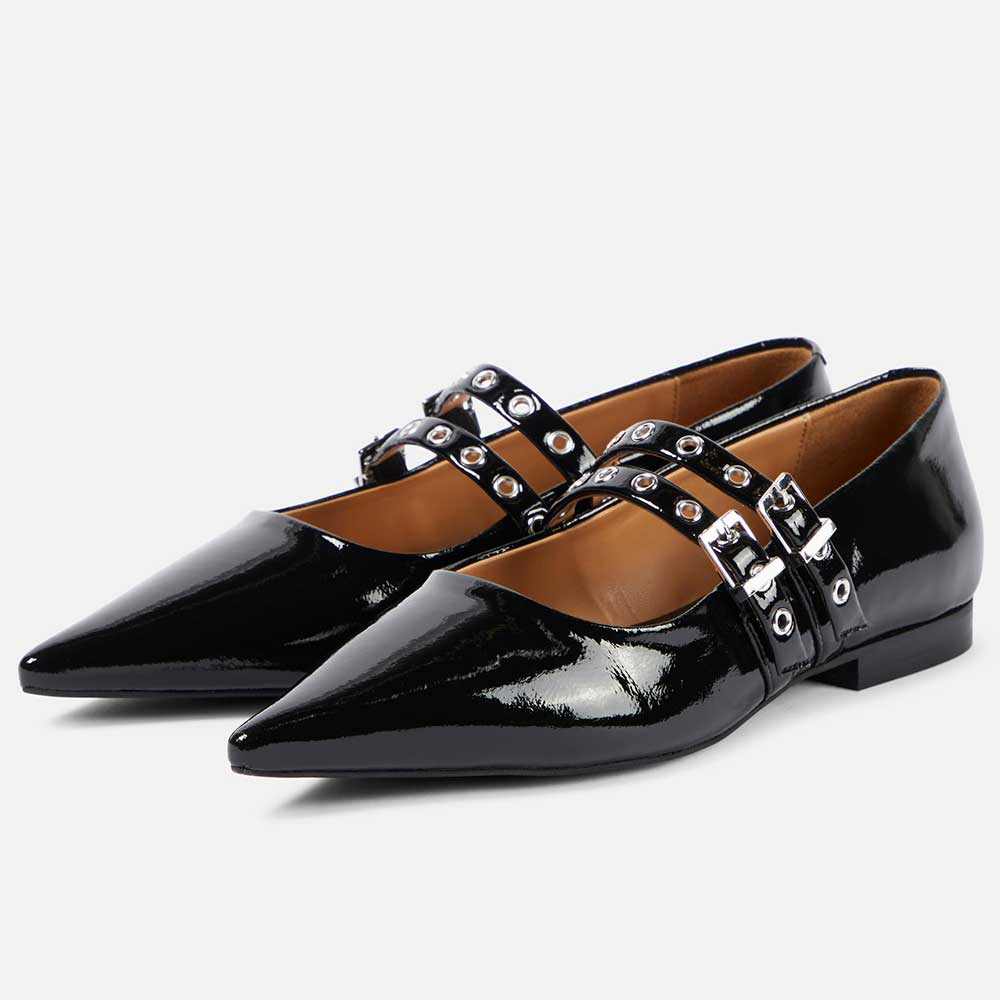 Black Patent Leather Pointed Toe Flat Grommet Buckled Mary Jane Shoes Nicepairs