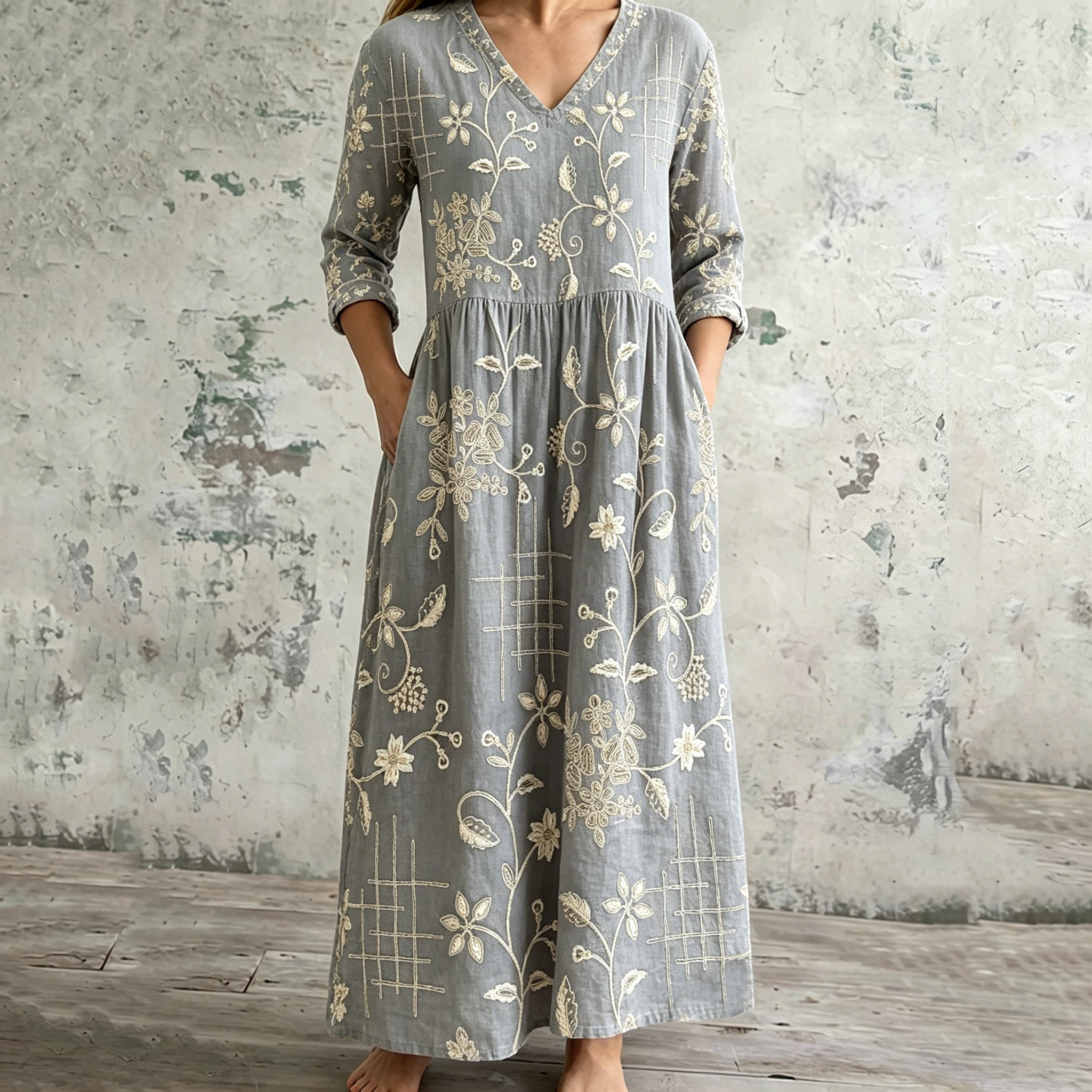 Comstylish Women's Vintage Floral Art Casual Linen Dress