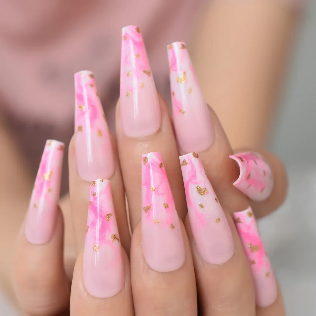 Super Long Acrylic Nails Coffin Pink Press-ons Rose Flowers Fake Nails Ballerina Gel False Nails Tips French Manicure-Nail Inspo