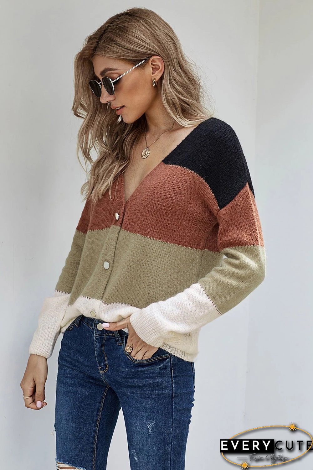 Multicolor V Neck Buttoned Closure Colorblock Sweater Cardigan
