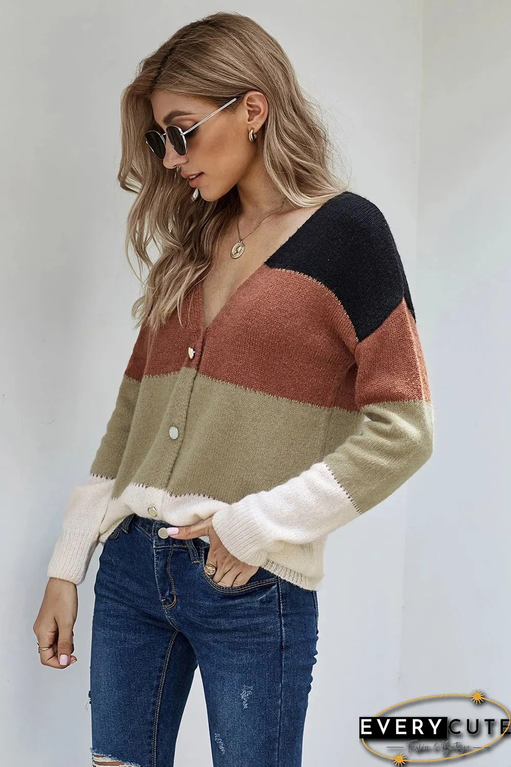 Multicolor V Neck Buttoned Closure Colorblock Sweater Cardigan