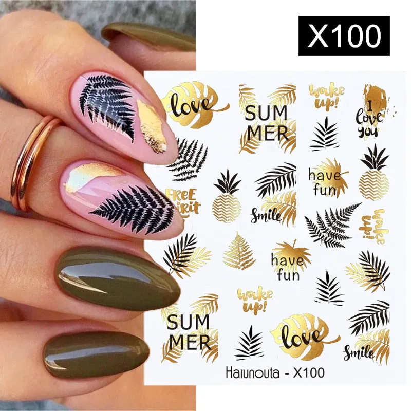 Harunouta Geometrics Line Water Decals Stickers Flower Leaves Tropical Plants Slider For Nails Spring Summer Nail Art Decoration