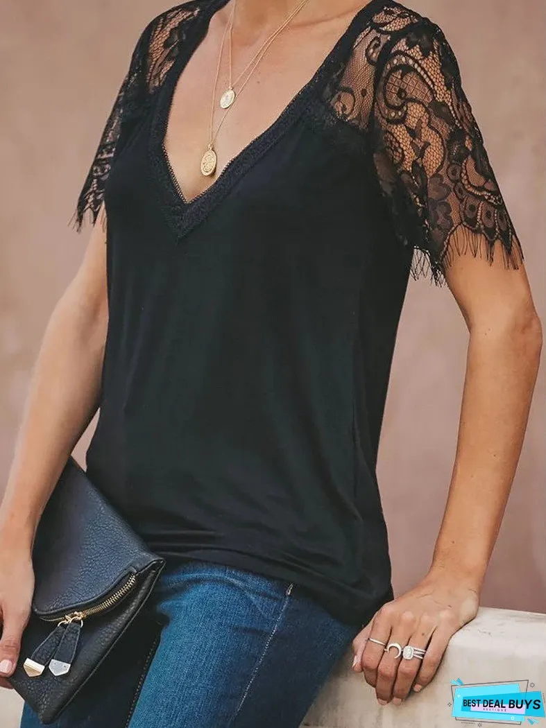 Short Sleeve V-Neck Feather Lace Lace Sleeve Top