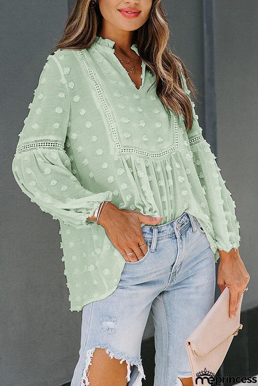 Ruffled Split Neck Lace Hollow Out Puff Sleeve Polka Dot Blouse