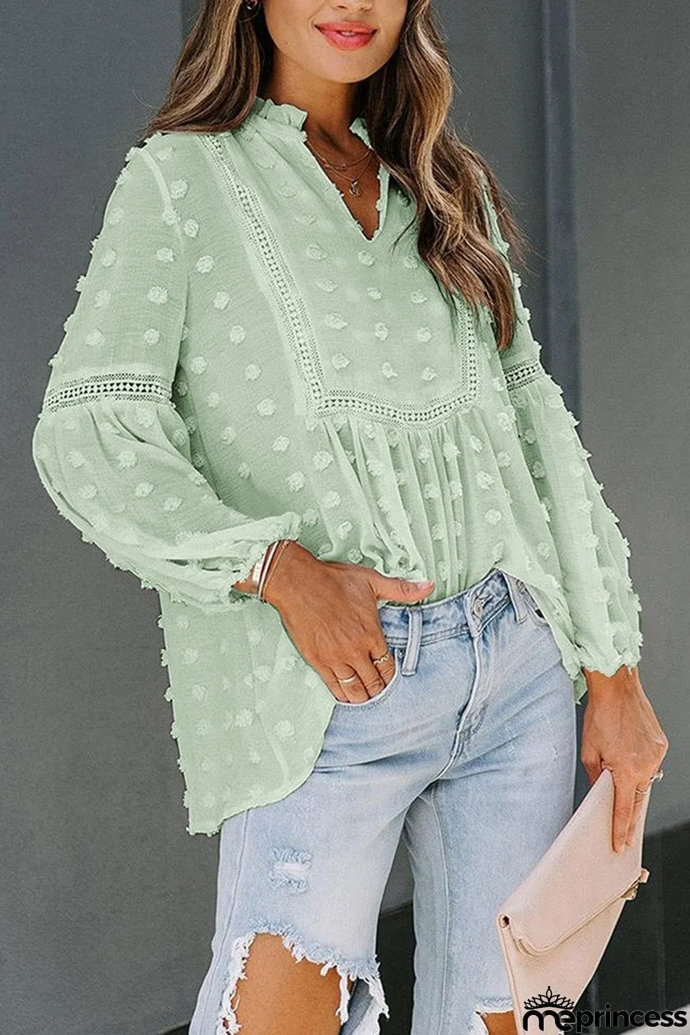 Ruffled Split Neck Lace Hollow Out Puff Sleeve Polka Dot Blouse