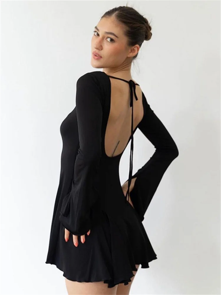 Tossy Ruffled Lace-Up Backless Mini Dress For Women Long Sleeve Bandage Elegant High Waist Long Sleeve Dress New Solid Clothes