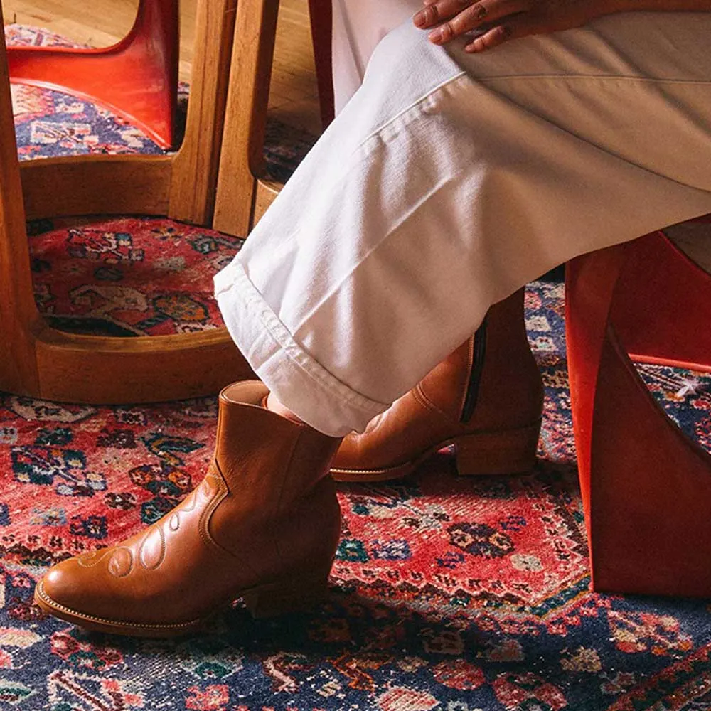 Short Closed Toe Block Heel Embroidered Tan Cowgirl Boots with Zipper
