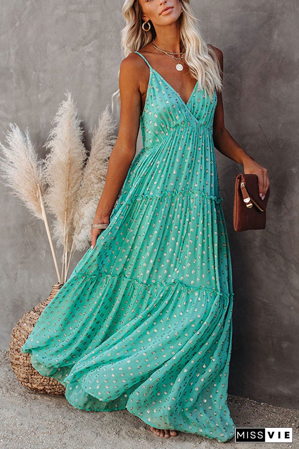 Vacation Mood Metallic Polka Dot Maxi Dress