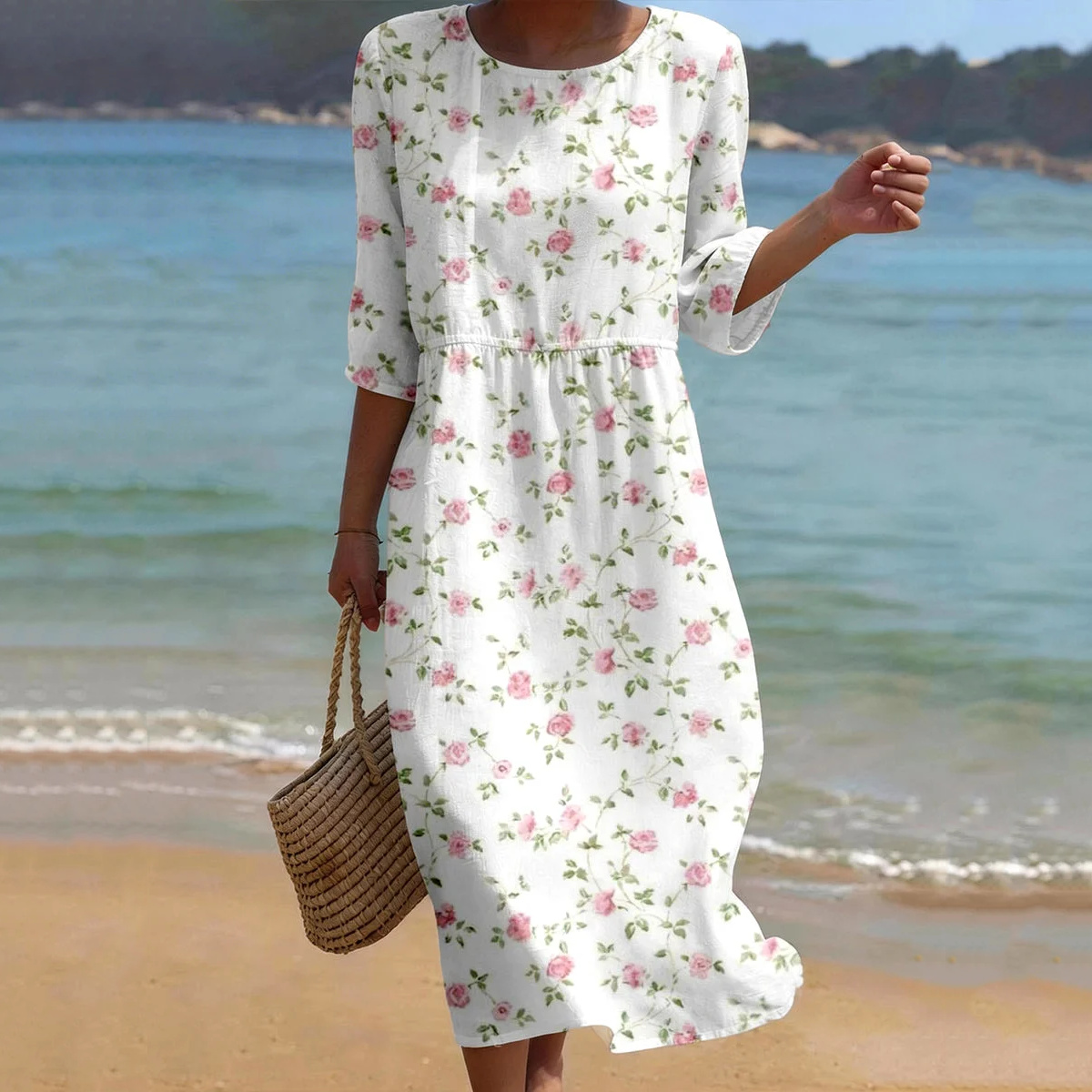 Comstylish Women's Roses Art Pattern Linen Blend Loose Three-quarter Sleeve Dress