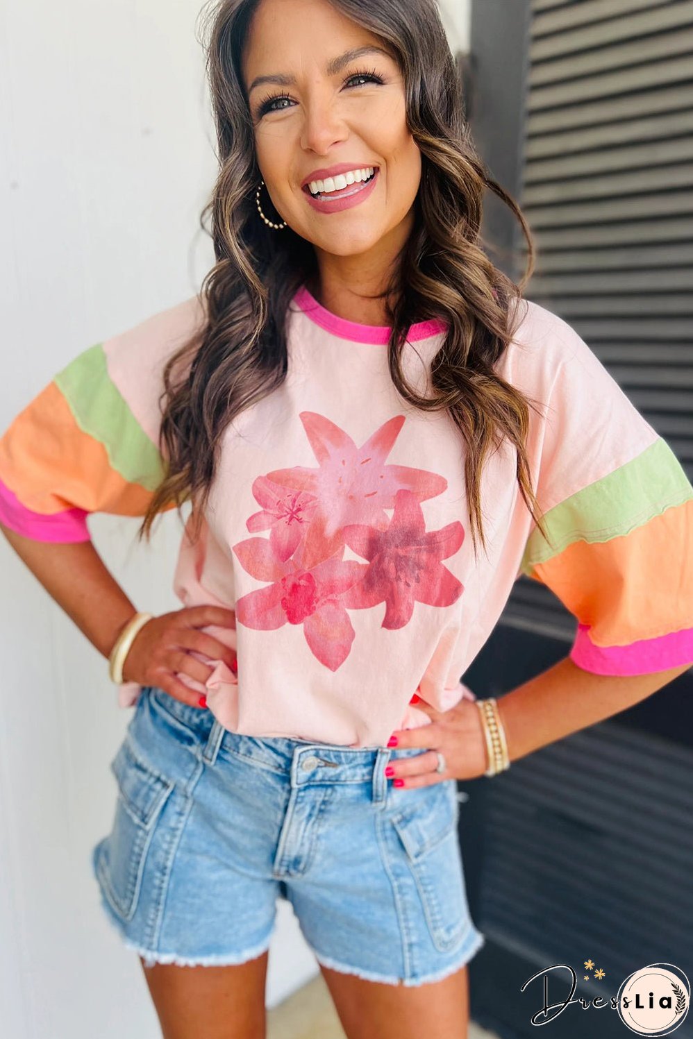 Pink Flower Color Block Half Sleeve Loose T Shirt