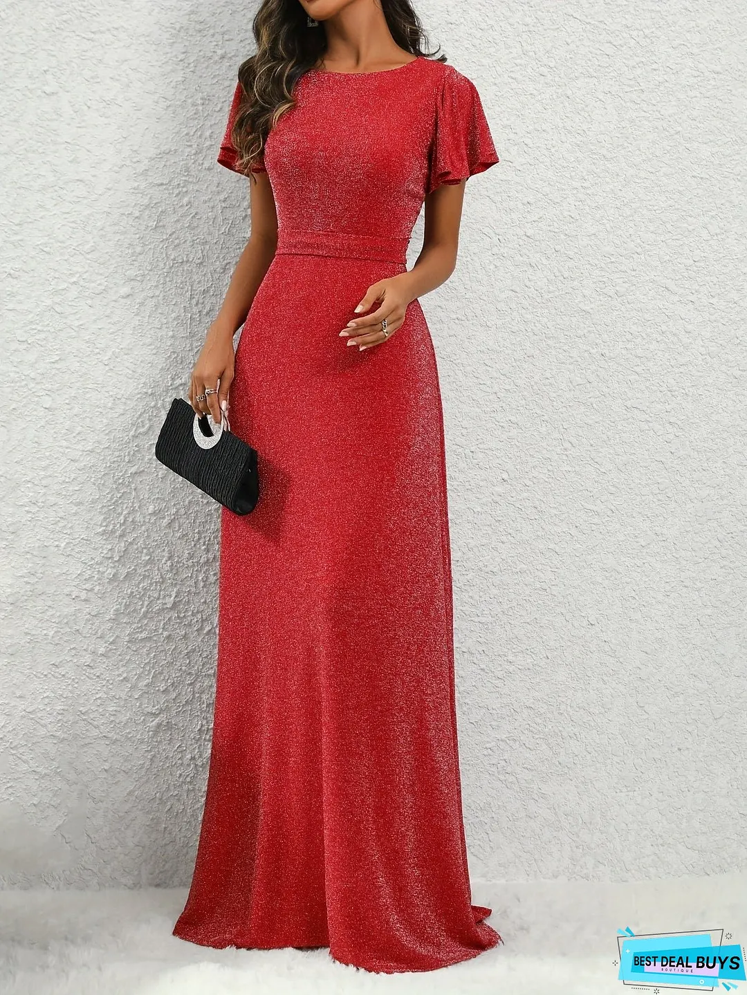 Flutter Sleeve Floor Length A-line Dress, Elegant Crew Neck Tie-waist Dress For Party & Banquet, Women's Clothing