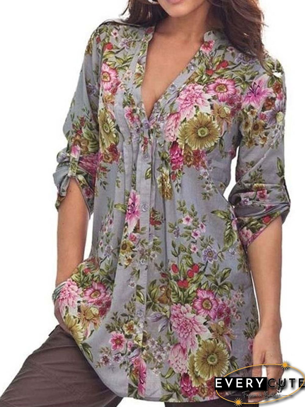 Women Plus Size Flower Print V Neck Blouse Loose Chiffon Shirt Blouse
