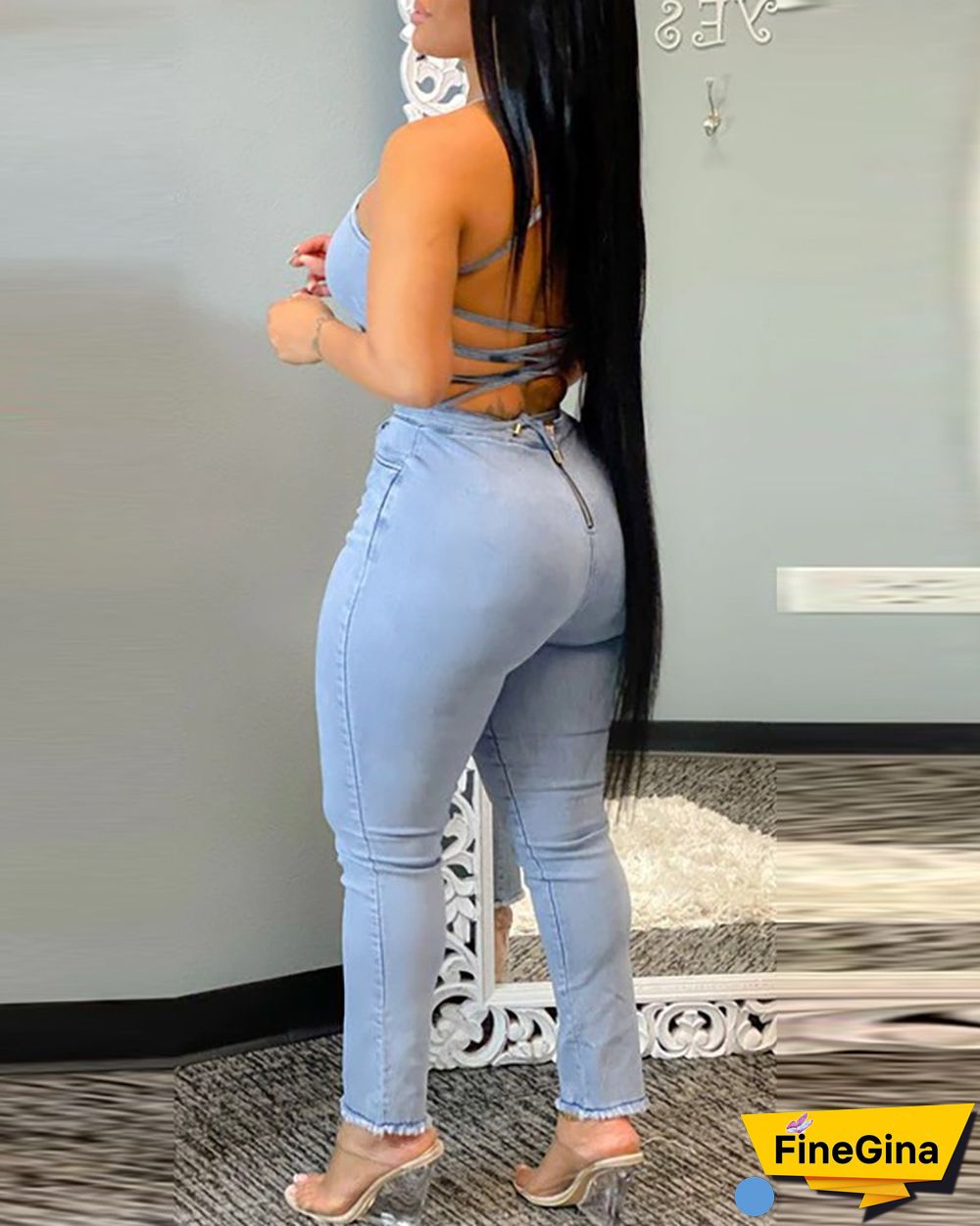 Square Neck Lace Up Denim Jumpsuit
